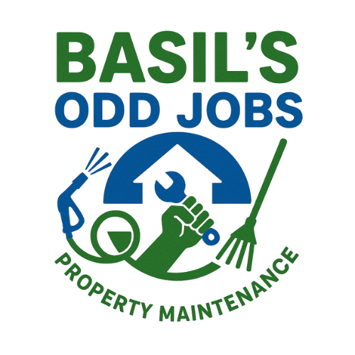 Basil's Odd Jobs logo with tools and house, property maintenance service