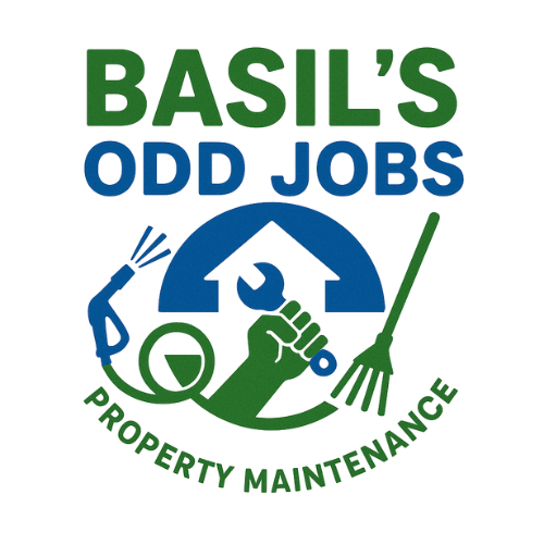 Basil's Odd Jobs logo with tools and house for property maintenance