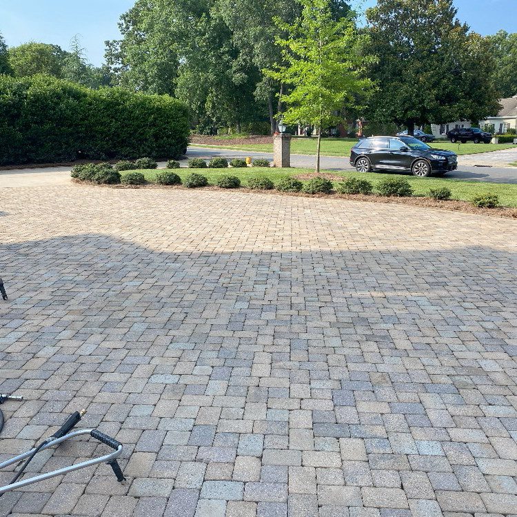 Paved driveway with black SUV, landscaped bushes, and trees in background